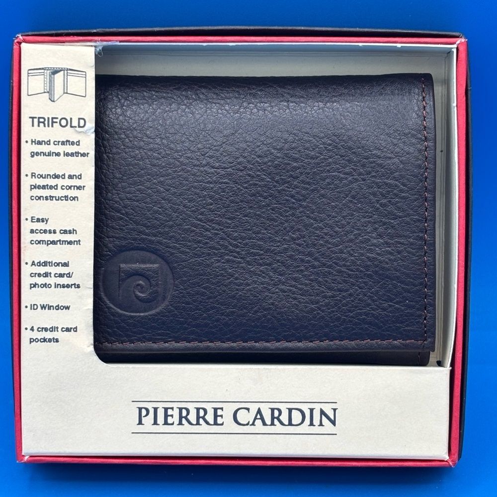 New In Box! Men's Vintage Pierre Cardin Black Genuine Leather Tri-Fold Wallet